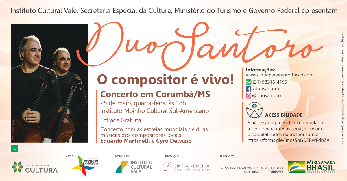 Duo Santoro se apresenta pela primeira vez em Corumbá, dia 25/5, quarta-feira, em turnê nacional, com entrada gratuita